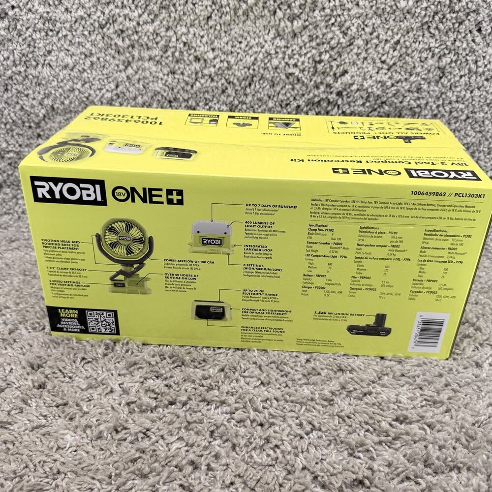 RYOBI ONE+ 18V 3 Tool Compact Recreation Kit PCL1303K1 Fan Speaker Light - Picture 4 of 10
